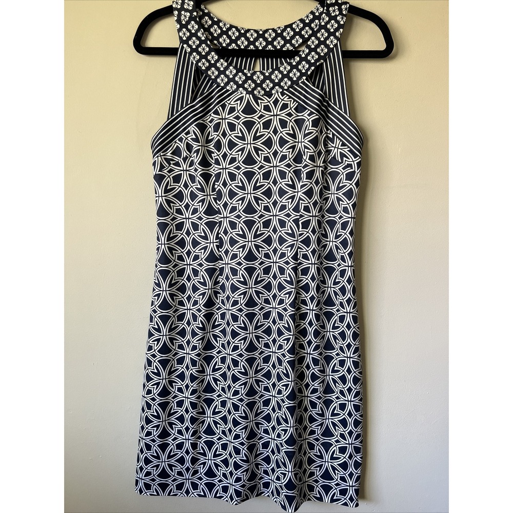 Gretchen Scott Jersey Isosceles Dress in Navy Geometric Print Stretch Size Small